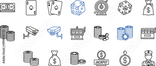 Collection of hand drawn security and surveillance system icons in black and white