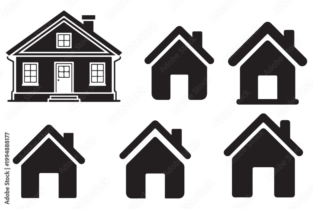 Fototapeta premium Collection of black house one detailed, five simple silhouettes home building architecture