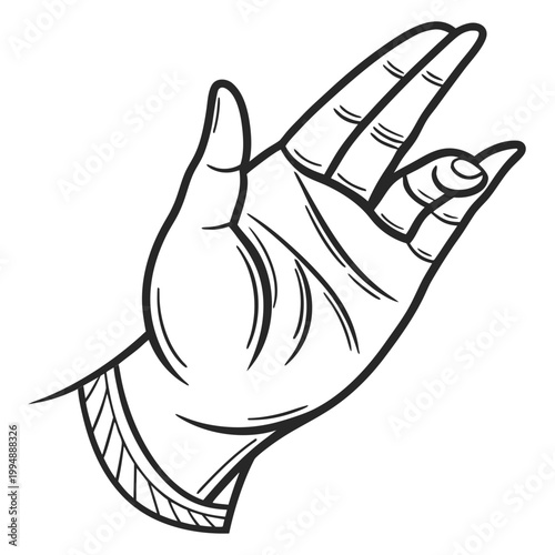 Human hand gesture palm up line drawing graphic with black and white line art