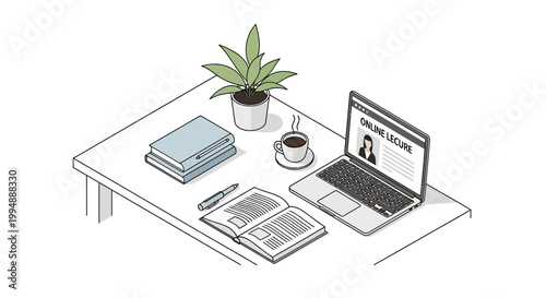 Isometric Illustration of Online Learning Workspace with Laptop, Books, and Coffee on Desk