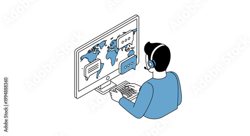 Global Customer Support Representative with Headset Working on Computer with World Map and Speech Bubbles, Isometric Line Art Illustration