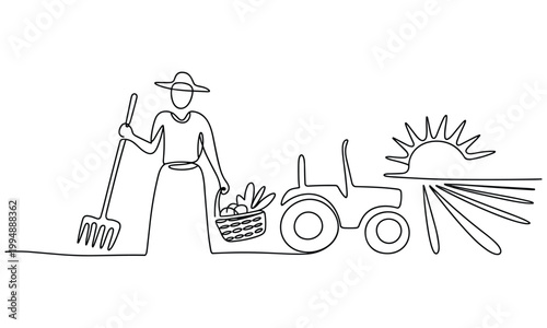 Farmer with rake and basket near tractor at sunrise in field.