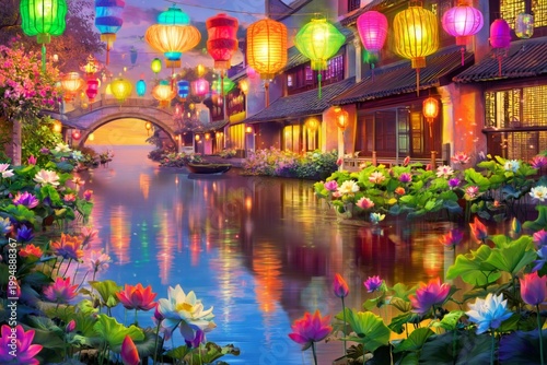 Colorful Lanterns Hang Over a Waterway at Sunset in a Vibrant Canal Town