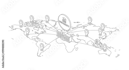 Global Education Network Illustration with University Building and World Map Location Pins for International Study and Remote Learning Concept