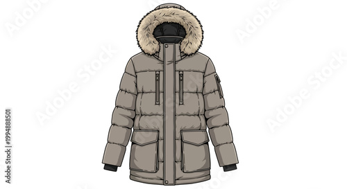 Stylish winter parka with fur hood and front pockets