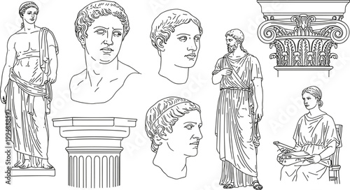 Ancient Greek Statues and Architectural Elements Line Art