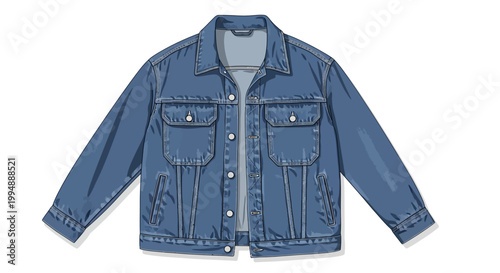 Classic blue denim jacket design with stitch details on white background