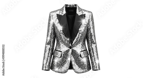 Sparkling sequin blazer on white background with black lapels