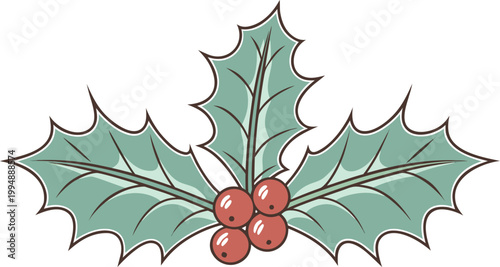 Vibrant holly leaves with bright red berries dusted with snow