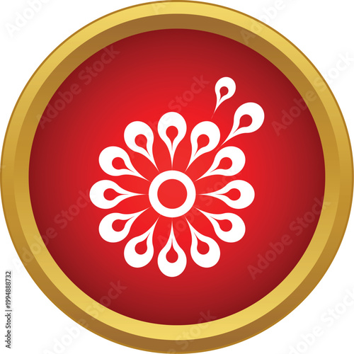 Stylized white floral design on a red background with a golden border