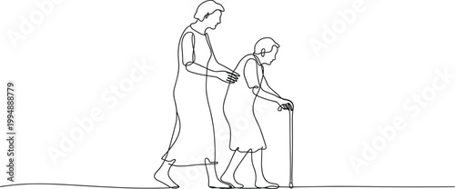 Elderly Woman Walking With Cane Assisted by Younger Woman