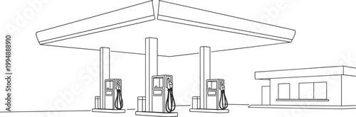 Gas station with canopy and pumps and small building