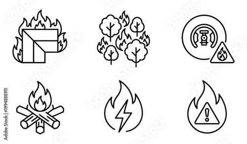 Set of black and white fire and hazard warning icons in a linear design style with emergency wildfire campfire electrical