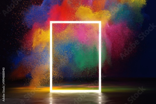 Colorful Dust Cloud Surrounds a Glowing Frame in a Creative Art Display at Night