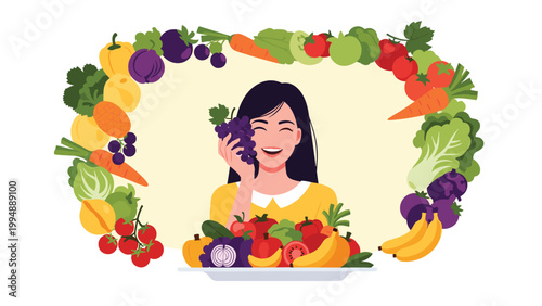 Happy young woman holding a bunch of grapes surrounded by a colorful variety of fresh fruits and healthy vegetables.