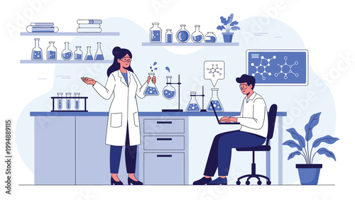 Professional scientists working in a modern laboratory conducting research with chemical glassware and data analysis on a laptop.