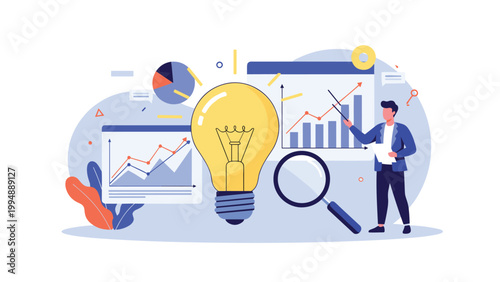 Creative business strategy concept with professional man presenting data charts next to a large glowing lightbulb for ideas.