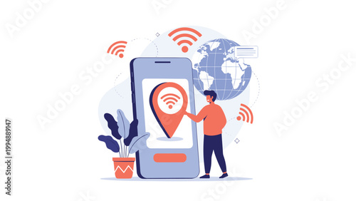 Man using a mobile smartphone for navigation and global connectivity with location pins, wifi signals, and a globe.