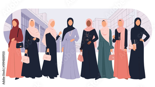Group of diverse Muslim women showcasing various styles of elegant hijabs and modest fashion in an urban setting.