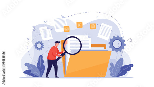 Man performing a digital file search and data discovery using a magnifying glass inside a giant folder with floating documents.