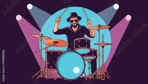 Talented musician playing a drum kit on stage under bright spotlights during a live music concert performance.