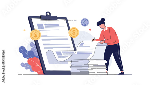 Businesswoman signing financial documents and contracts on a giant clipboard with coins and currency symbols representing deals.