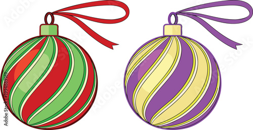 3 d glossy christmas bauble with red and green spiral ribbon
