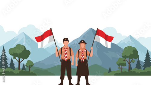 Two Indonesian scouts in uniform proudly holding national flags against a scenic mountain landscape during a camping trip.