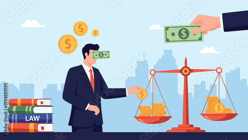 Symbolic representation of corruption in justice with a blindfolded person placing money on scales next to law books.