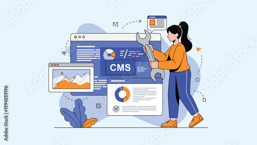 Tech professional woman using a large wrench to repair or optimize a CMS website on a digital screen with data charts.