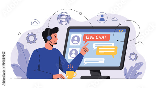 Professional customer support representative wearing a headset and providing live chat assistance to clients on a computer.