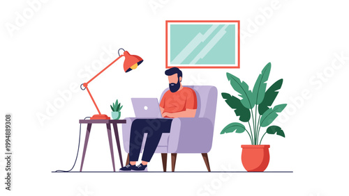 Freelancer man working remotely on a laptop while sitting comfortably in an armchair in a cozy home office setting.