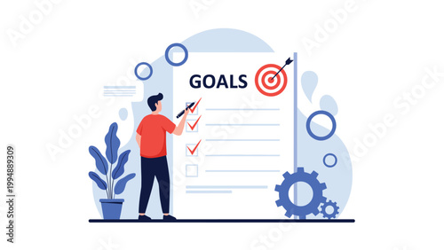 Motivated man checking off completed tasks on a giant goals checklist to track progress and achieve personal success.