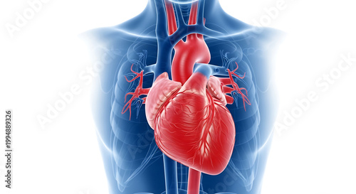 A detailed illustration of the human heart and lungs in the chest cavity