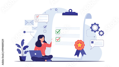 Successful woman sitting with a laptop next to a large completed checklist and an official certificate of achievement.