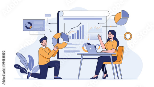Team of professionals collaborating on data analysis by assembling giant pie chart pieces for a business strategy meeting.