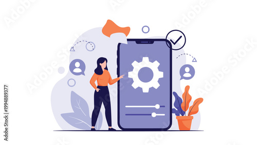 Technical professional woman optimizing mobile application settings on a giant smartphone screen with social media profiles.