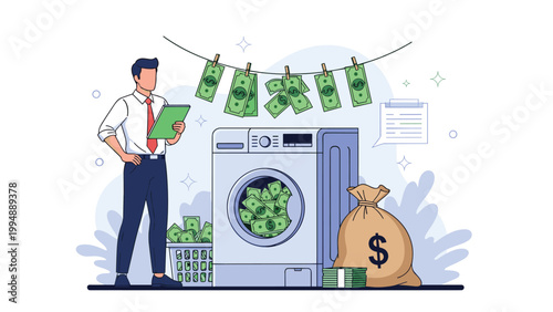 Compliance officer with a clipboard monitoring a money laundering operation involving a washing machine and bags of cash.