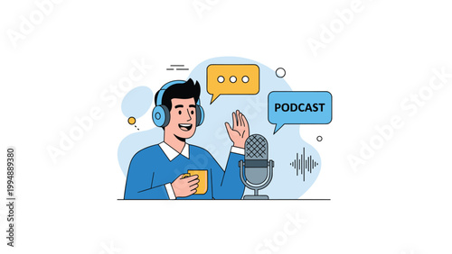 Happy podcaster wearing headphones and speaking into a vintage microphone while hosting a show with a coffee mug.