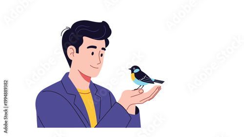 Gentle man holding a beautiful small colorful wild bird in the palms of his hands with great care and compassion.