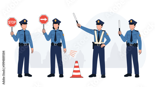 Professional police officers in blue uniforms perform traffic control duties using stop signs and batons for public safety and order.