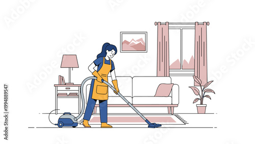 Professional cleaner or homeowner uses a modern vacuum cleaner to maintain a neat and tidy living room environment for healthy lifestyle.