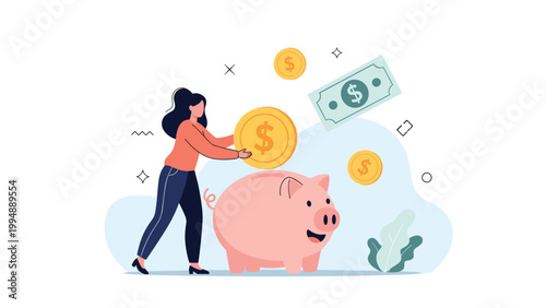 Disciplined woman saves money by placing gold coins into a large piggy bank to build long-term financial security and personal wealth.