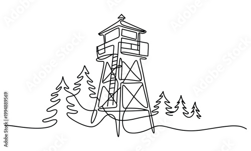Fire lookout tower in a forest with pine trees continuous line drawing.