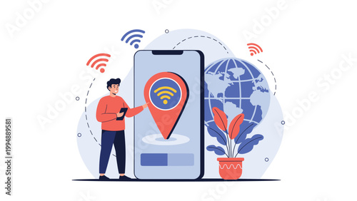 Traveler uses a mobile app to find free wifi hotspots and internet connectivity locations worldwide while planning a journey on a smartphone.
