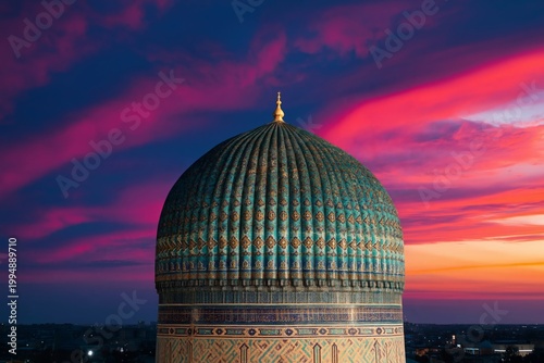 Sky Changes Color Above the Blue Dome of a Historical Building at Sunset in S...