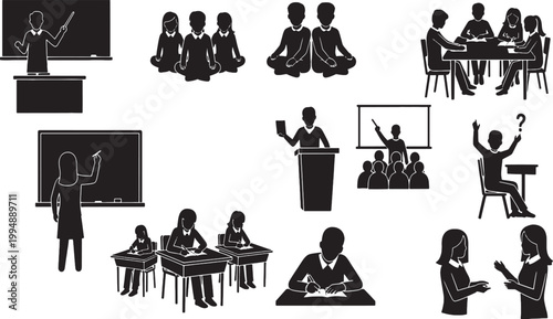 Business people silhouettes set showing different situations including work, family, study and daily life concepts