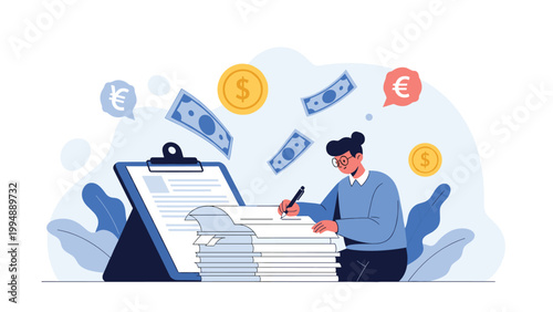 Accountant reviews complex financial reports and tax documents to manage company finances and international currency transactions.