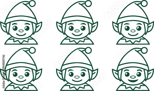 Cute minimalist elf characters with pointy ears and hats in line