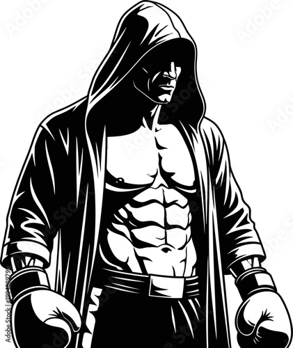 Powerful Boxer Silhouette Illustration Ready for Battle in Black black and white on white background  